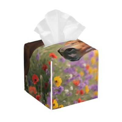 Pu Leather Cube Tissue Box Holders Modern Waterproof Square Tissue Box Cover Horse Flowers Facial Paper Holder For Bathroom Kitchen Nightstand Office Home Decor