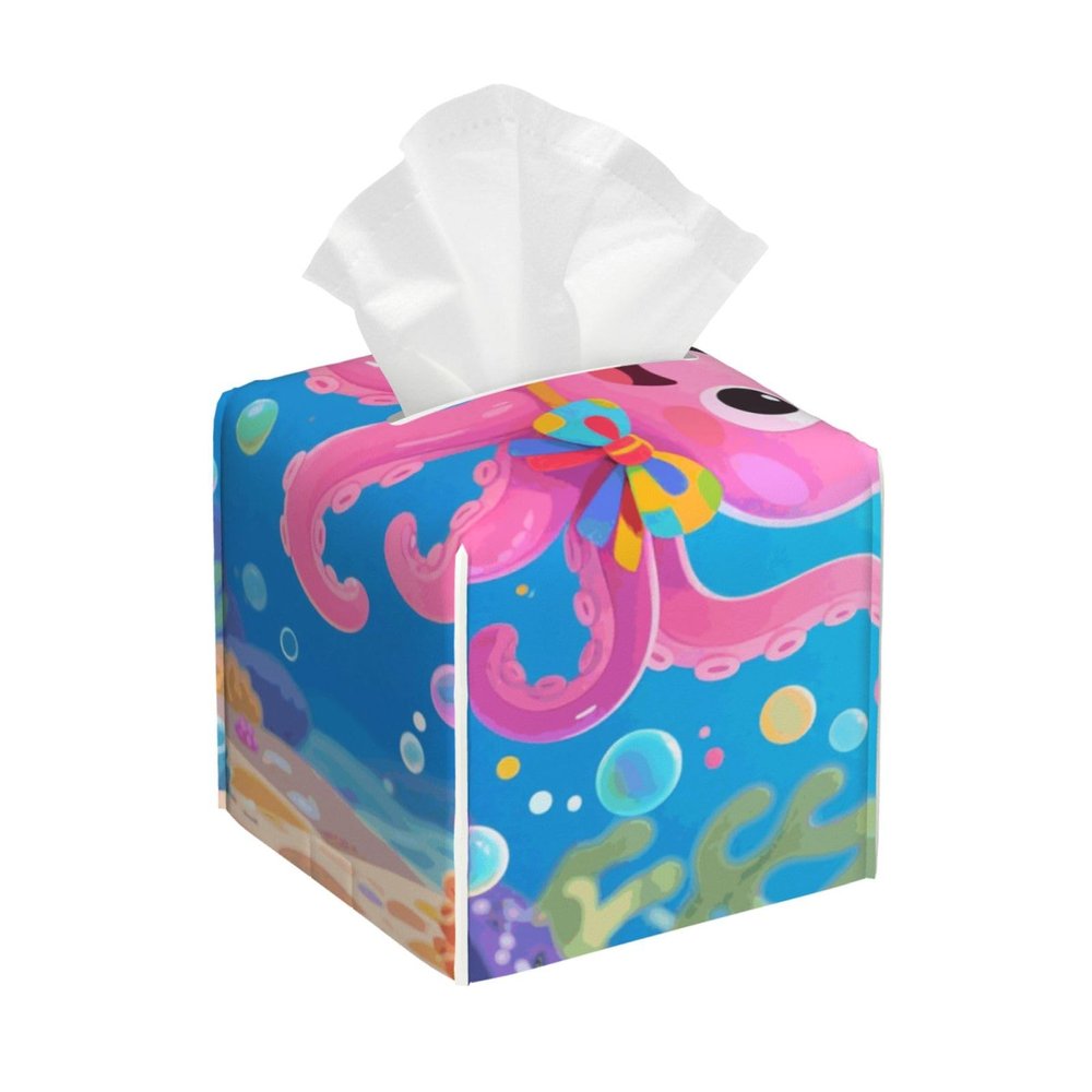 Pu Leather Cube Tissue Box Holders Modern Waterproof Square Tissue Box Cover Octopus Cartoon Facial Paper Holder For Bathroom Kitchen Nightstand Office Home Decor