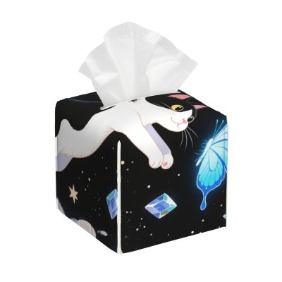 Pu Leather Cube Tissue Box Holders Modern Waterproof Square Tissue Box Cover Funny Kitten Playing With Butterfly Facial Paper Holder For Bathroom Kitchen Nightstand Office Home Decor