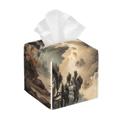 Pu Leather Cube Tissue Box Holders Modern Waterproof Square Tissue Box Cover Chinese Landscape Style Facial Paper Holder For Bathroom Kitchen Nightstand Office Home Decor