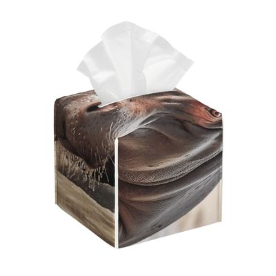 Pu Leather Cube Tissue Box Holders Modern Waterproof Square Tissue Box Cover Hippopotamus In Water Facial Paper Holder For Bathroom Kitchen Nightstand Office Home Decor