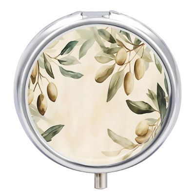 Watercolor Olive Leaf Small Metal Pill Box, Round 3 Compartment Pill Case for Pocket and Purse, Portable Travel Medicine Organizer Container for Vitamins, Supplements & Fish Oil