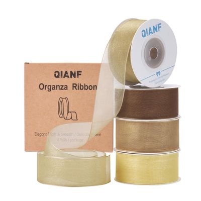 QIANF Champagne Gold Brown Organza Ribbon 1 Inch x 60 Yards Assorted Color Sheer Ribbons Set for Gift Wrapping, Flower Bouquets, Bows, Wedding Decoration, Invitation Cards, Christmas (4 Rolls x 15Yd)