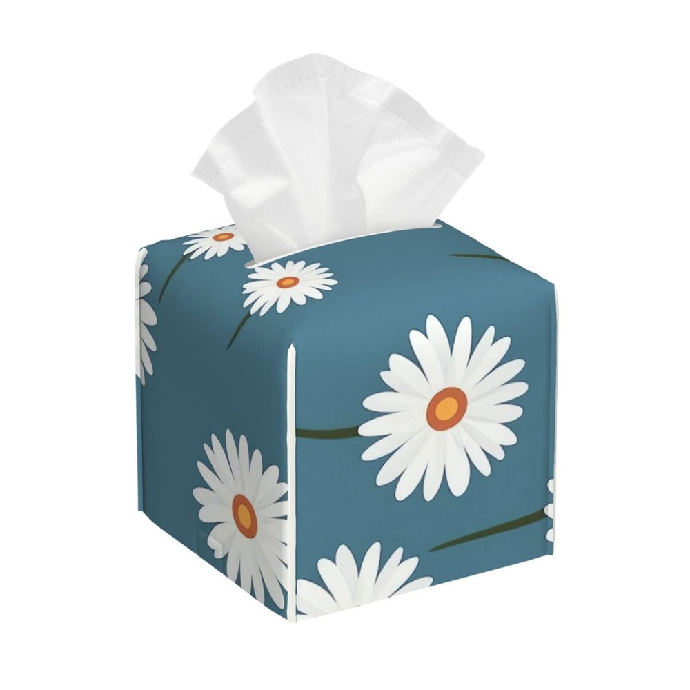 Pu Leather Cube Tissue Box Holders Modern Waterproof Square Tissue Box Cover White Daisy Pattern Facial Paper Holder For Bathroom Kitchen Nightstand Office Home Decor