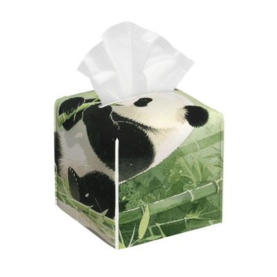 Pu Leather Cube Tissue Box Holders Modern Waterproof Square Tissue Box Cover Panda Eating Food Facial Paper Holder For Bathroom Kitchen Nightstand Office Home Decor