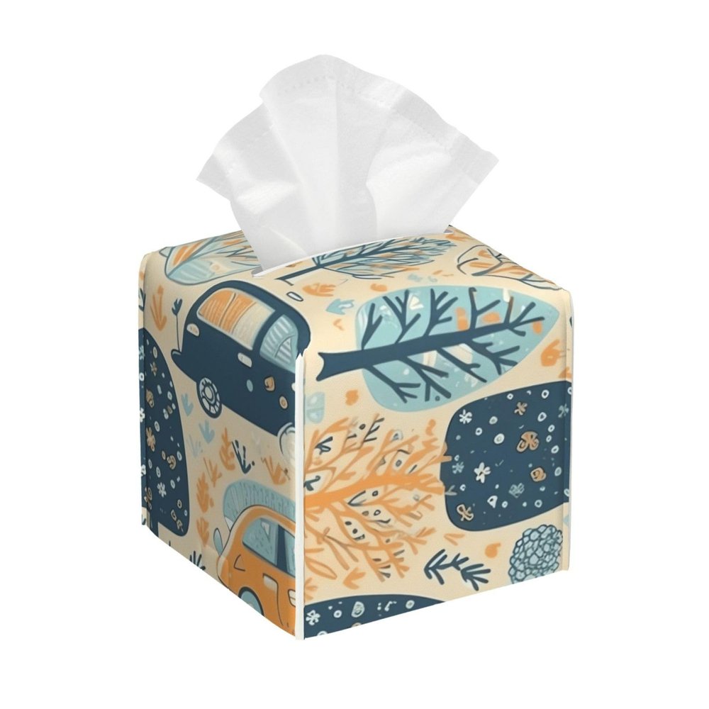 Pu Leather Cube Tissue Box Holders Modern Waterproof Square Tissue Box Cover Cars And Trees Facial Paper Holder For Bathroom Kitchen Nightstand Office Home Decor
