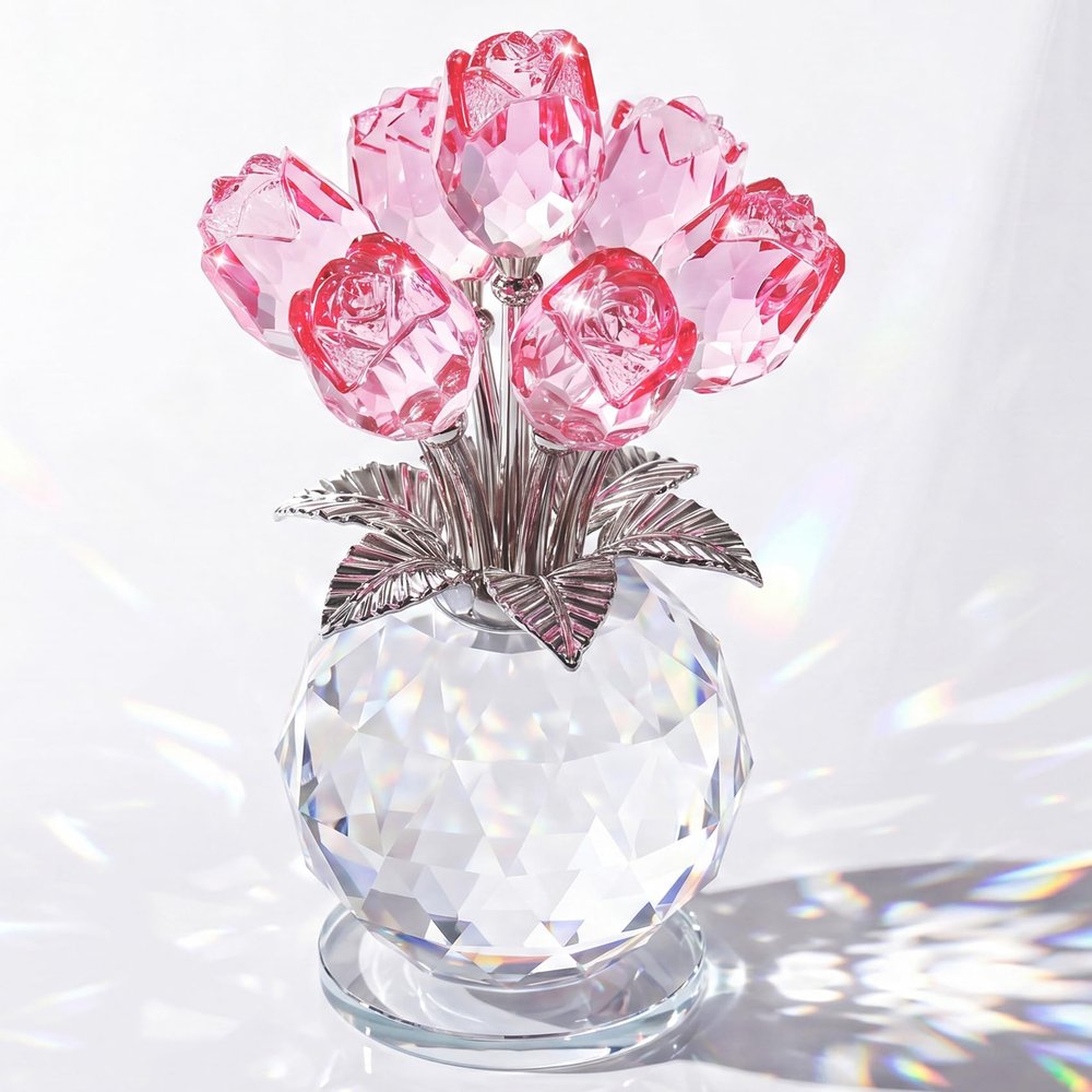 Ornalrist Crystal Pink Rose Figurine Flower Gifts for Women Her Ornament