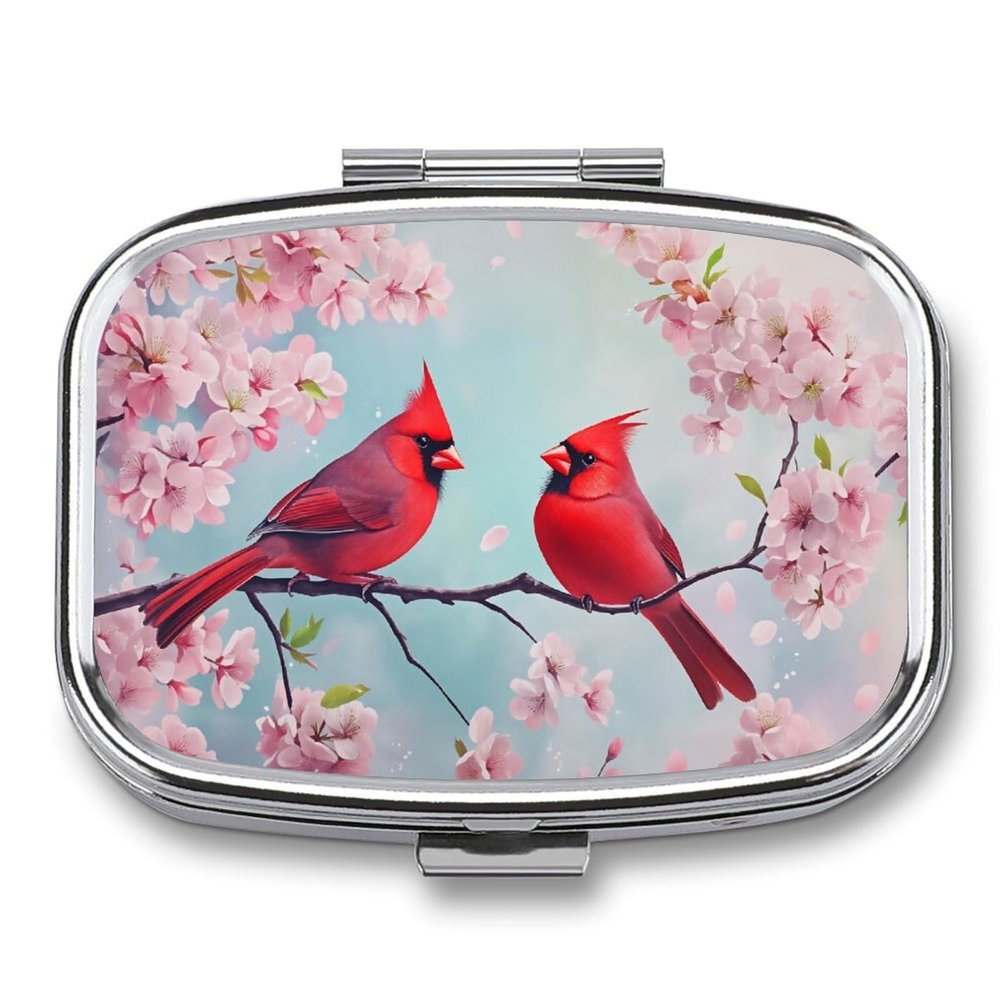 Cardinal Birds Cherry Blossoms Spring Small Metal Pill Box, Square 2 Compartment Pill Case for Pocket and Purse, Portable Travel Medicine Organizer Container for Vitamins, Supplements & Fish Oil