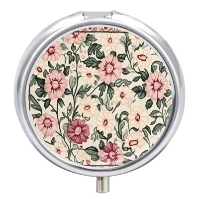 Floral Pink White Green Leaves Small Metal Pill Box, Round 3 Compartment Pill Case for Pocket and Purse, Portable Travel Medicine Organizer Container for Vitamins, Supplements & Fish Oil