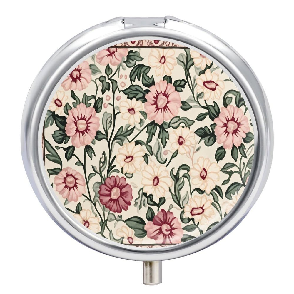 Floral Pink White Green Leaves Small Metal Pill Box, Round 3 Compartment Pill Case for Pocket and Purse, Portable Travel Medicine Organizer Container for Vitamins, Supplements & Fish Oil