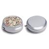 Floral Pink White Green Leaves Small Metal Pill Box, Round 3 Compartment Pill Case for Pocket and Purse, Portable Travel Medicine Organizer Container for Vitamins, Supplements & Fish Oil view 3