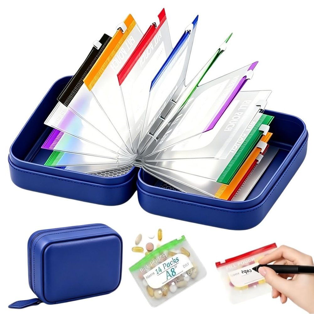 Waterproof Pill Pouch Set 14,Pill Pouch Organizer Binder Zipper Case for Travel Medicine,A8 Organizer 7 to 14 Days of Meds Resistant Shell Crush (Blue)