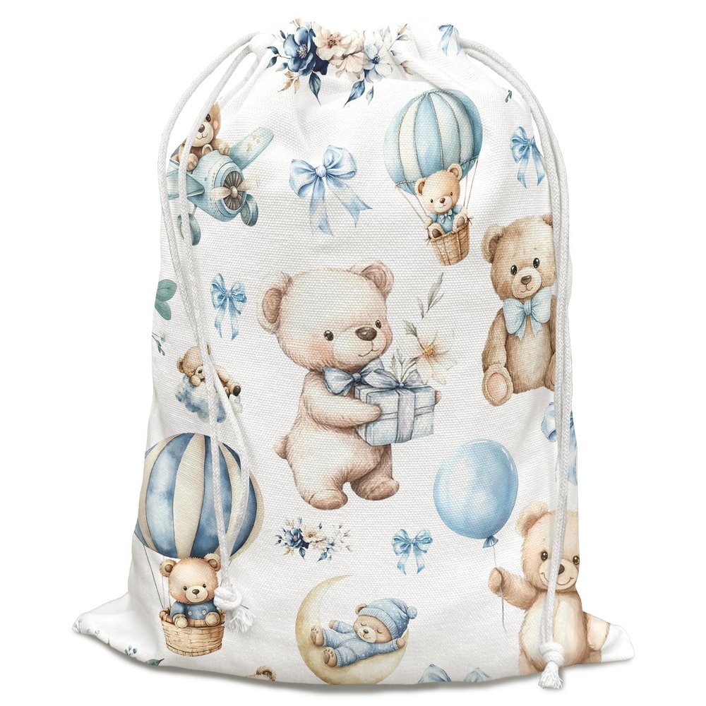 DSHFG Blue Bear Baby Shower Drawstring Gift Wrap Bags, Birthday Drawstring Canvas Gift Bags, Small Happy Birthday Bag for Gifts, Baby Shower Gender Reveal Decorations, 10x13 Inch