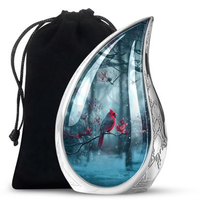 YASUBJAG Teardrop Red Cardinal Urn for Ashes for Male and Female - Large Urns for Human Ashes Adult Female - Funeral Urn for Handmade 10" - Cremation Large Urns for Mother and Father 200lbs