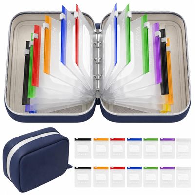 A8 Waterproof Travel Pill Organizer Set with 14 Color-Coded Pill Pouches, Binder-Style Medicine Organizer, Portable Zippered Pill Case for Vitamins, Supplements & Daily Pills (Navy)