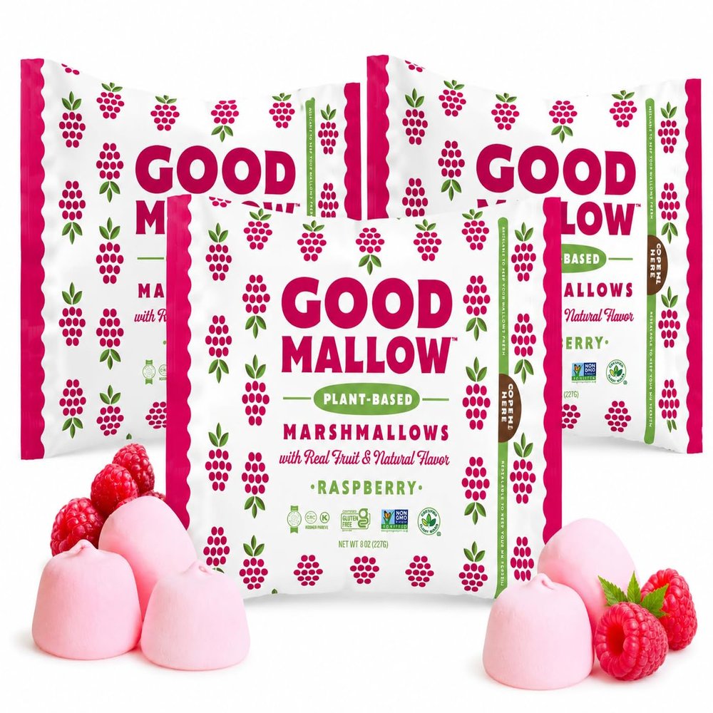 GoodMallow Vegan Marshmallows - Large Kosher Halal Gluten Free Dairy Free Healthy- Natural Gelatin Free Marshmallows for Hot Chocolate, Smores, Baking - Nothing Artificial, Made in USA (Raspberry Pack of 3)
