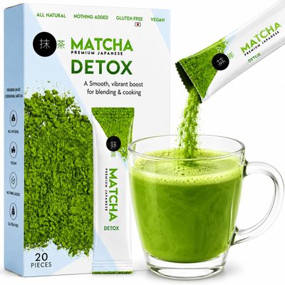 Detox Matcha Powder with Spirulina & Senna, Strawberry Flavored On-the-Go Matcha Green Tea Blend, 20 Single-Serve Sachets for Hot or Iced Matcha, 5.64 oz (160g)