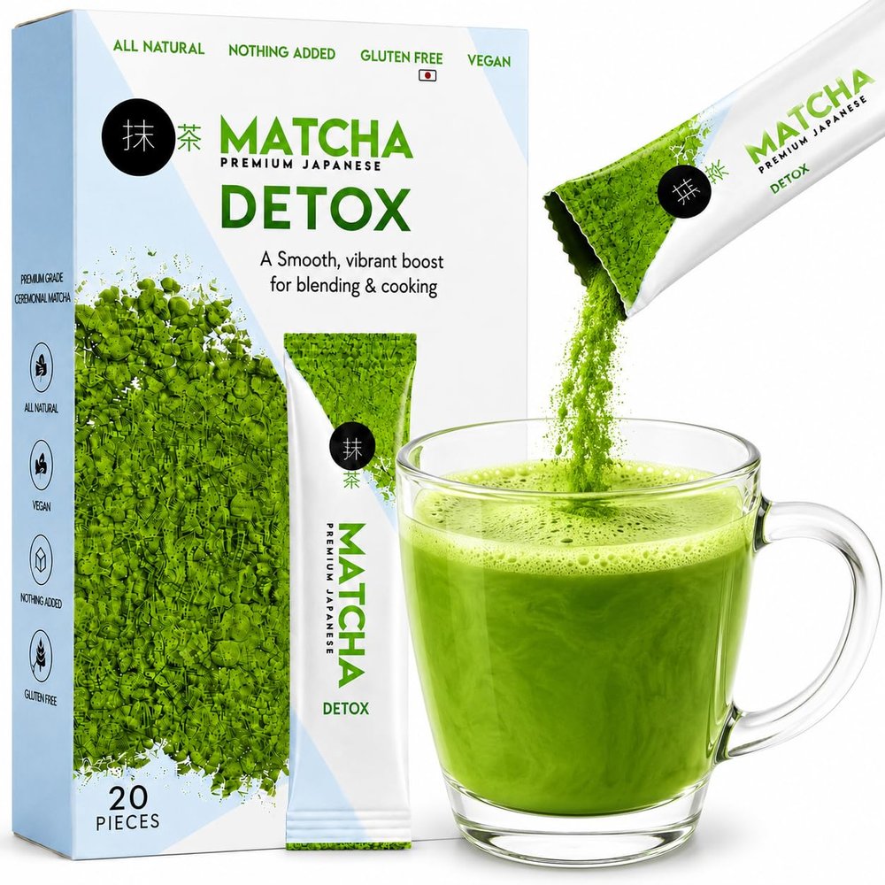 Detox Matcha Powder with Spirulina & Senna, Strawberry Flavored On-the-Go Matcha Green Tea Blend, 20 Single-Serve Sachets for Hot or Iced Matcha, 5.64 oz (160g)