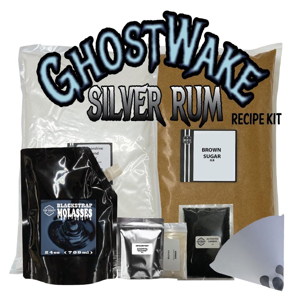 TAPCRAFT GHOSTWAKE Silver Rum Recipe Kit, 5 Gallon Sugar & Molasses Wash with Activated Carbon, for Home Brewing & Distilling, Moonshine Making