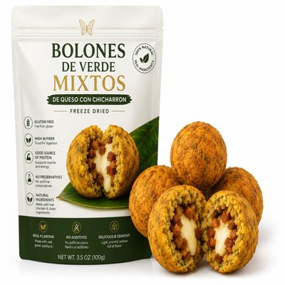 Mini Bolones de Verde Mixtos Freeze-Dried Snack, Queso con Chicharron, Gluten Free, High Protein, 3.5 oz