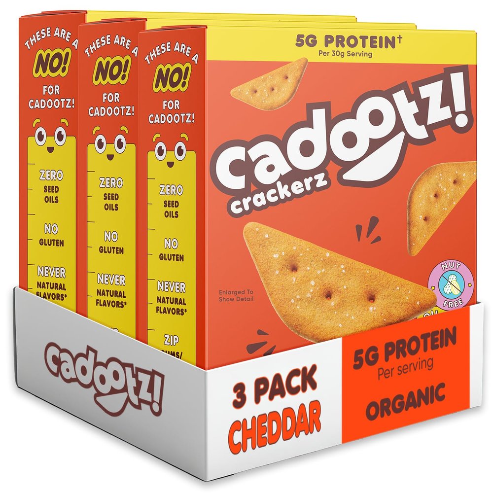 cadootz | Cheddar | Organic Protein Kids Snack with 5g Protein, Clean Label, Gluten Free, No Seed Oils, No Artificial Dyes, Kosher Better-for-You School Lunch Snack | 3 Pack