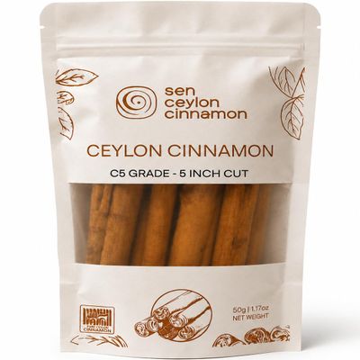 Sen Ceylon Cinnamon C5-5 inch Cut Sticks (Non Sulfur) - Packed at 50g net (1.76 oz), Manufactured In Sri Lanka