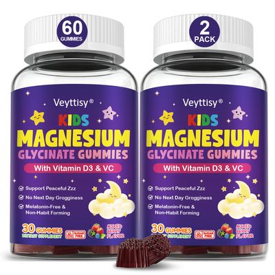 Sugar Free Kids Magnesium Glycinate Gummies - Magnesium Glycinate Gummy with D3 & C for Ages 4-8 - No Melatonin, Non-Habit Forming, Vegan, 2 Pack
