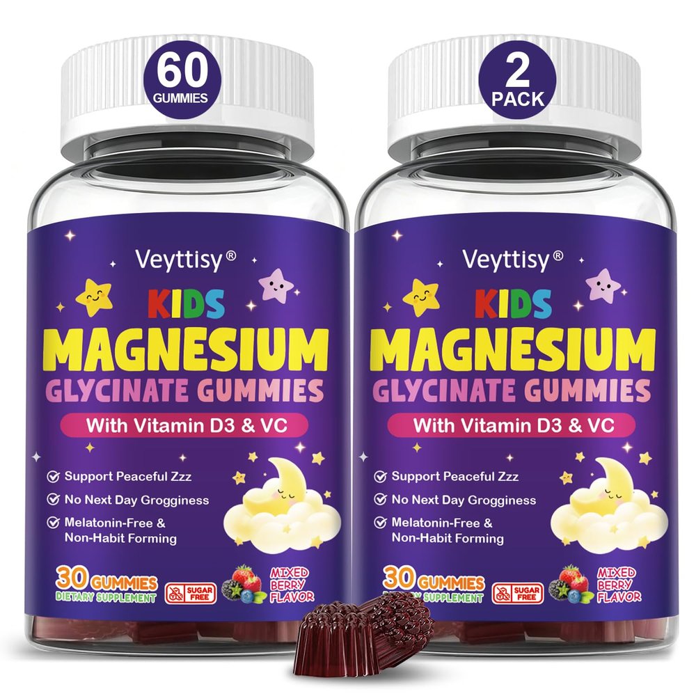 Sugar Free Kids Magnesium Glycinate Gummies - Magnesium Glycinate Gummy with D3 & C for Ages 4-8 - No Melatonin, Non-Habit Forming, Vegan, 2 Pack