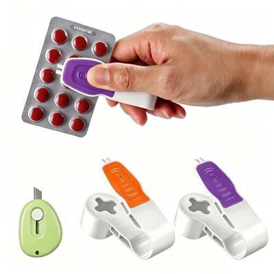 Kingmall 2nd Generation Pill Blister Pack Extractor Tool, with Built-in Storage Box, Dual Tooth Foil Piercer(Orange 1pcs + Purple 1pcs), Includes Bonus Retractable Blade