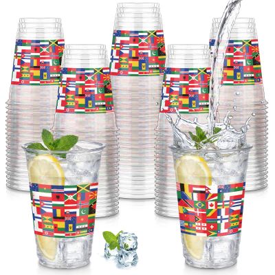 LemonRoad 50 Pcs 12 oz International World Flags Cups Bulk Clear World Flags Plastic Disposable Cups Party Decoration for Travel Trip Around the Globe Birthday Family Christmas Decorations Supplies