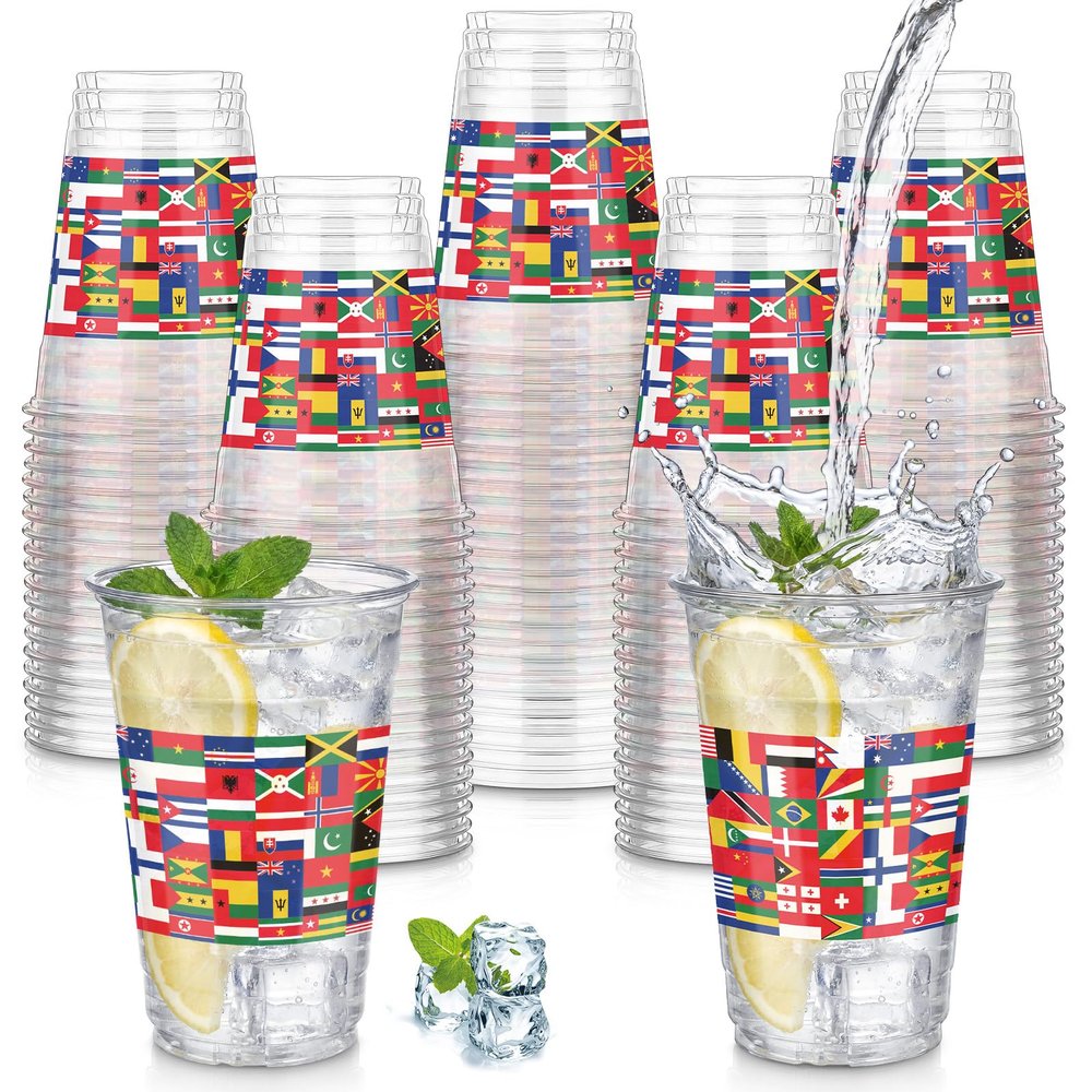 LemonRoad 50 Pcs 12 oz International World Flags Cups Bulk Clear World Flags Plastic Disposable Cups Party Decoration for Travel Trip Around the Globe Birthday Family Christmas Decorations Supplies
