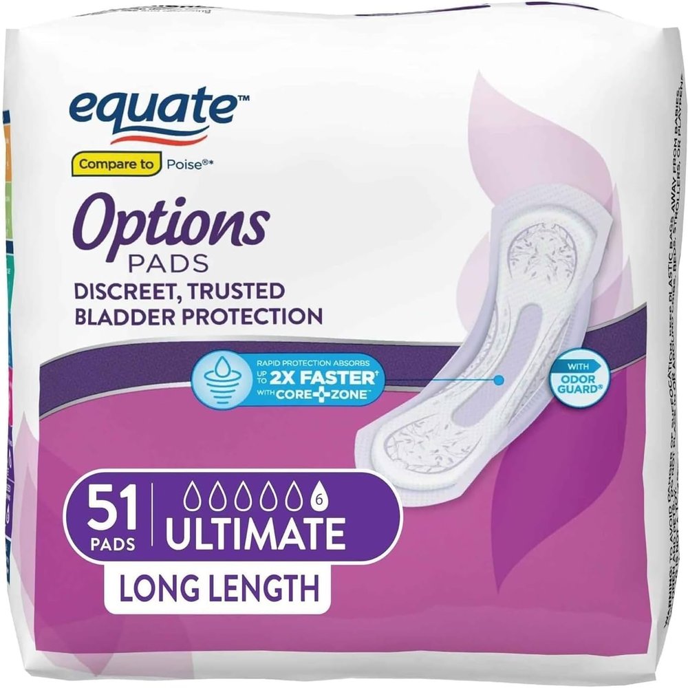Equate Options Women's Incontinence Pads, Ultimate Absorbency, Long Length (51 Count) with IncrediShop Gift Bookmark