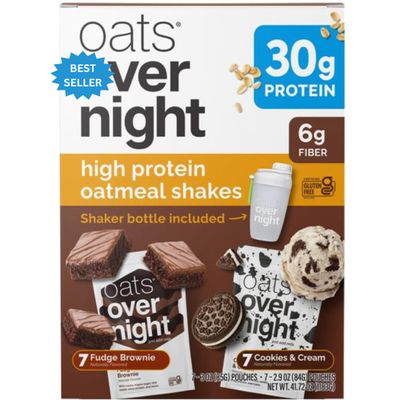 Oat Over-night High Protein Oatmeal Variety Pack (14-Pack) - 30g Protein Shake - Gluten Free Breakfast On-The-Go - Includes Cookies & Cream and Fudge Brownie