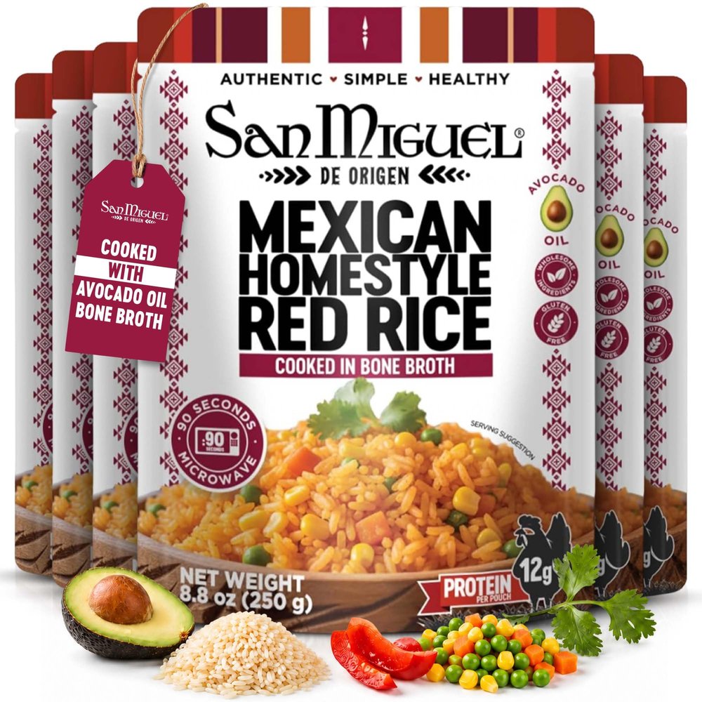 San Miguel de Origen 12g Protein Mexican Homestyle Red Rice with Veggies, Cooked in Bone Broth & Avocado Oil - Ready to Eat Microwave Rice - Gluten Free Mexican Rice Pouch - Easy Meal - (6-Pack) 8.8oz