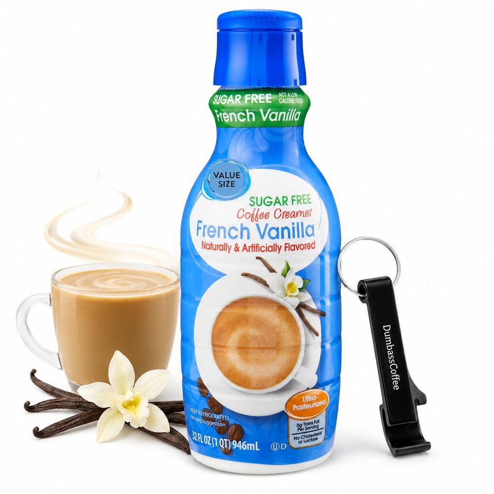 Sugar Free French Vanilla Crme Coffee Creamer 32 fl oz Bottle, Sweet and Creamy Liquid Coffee Creamer with D.A. Coffee Bottle Opener Keychain (French Vanilla Zero Sugar) Keychain