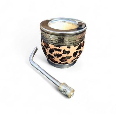 Yerba Mate Cup with Bombilla Genuine Leather Argentine Mate Gourd, Natural Calabash, Hand-Engraved Alpaca Virola | Handcrafted Mate Set with Bombo Straw | Mate Argentino (Leopard Print)