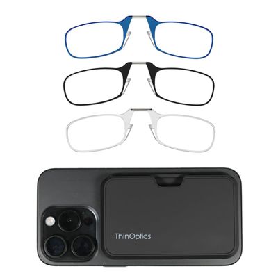 Always With You by ThinOptics 3 Pack Slim Reading Glasses + 1 Black Case that Sticks to Your Phone - Ultra-Thin Armless Pocket Readers - Red, Clear & Blue, 2.0x