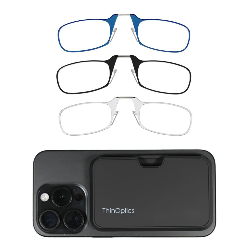 Always With You by ThinOptics 3 Pack Slim Reading Glasses + 1 Black Case that Sticks to Your Phone - Ultra-Thin Armless Pocket Readers - Red, Clear & Blue, 2.0x