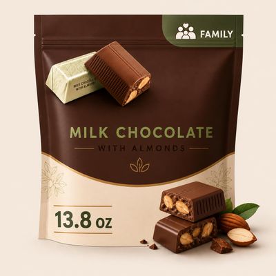 Milk Chocolate With Almonds Family Pack Creamy Roasted Almond Chocolate Candy, Shareable Snack Bag, Lunchbox Treat, Movie Night Candy, 13.8 oz Resealable Pouch