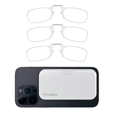 Always With You by ThinOptics 3 Pack Slim Reading Glasses + 1 White Case that Sticks to Your Phone - Ultra-Thin Armless Pocket Readers - Clear, 1.0x