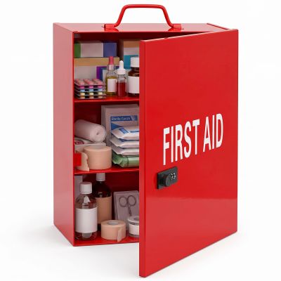 Timgle First Aid Kit with Combination Lock 3 Shelf Wall Mount Medicine Cabinet with Handle Locking Medical Cabinet Lightweight Medium Organizer Wall Steel Storage Box for Business and Worksite(Red)