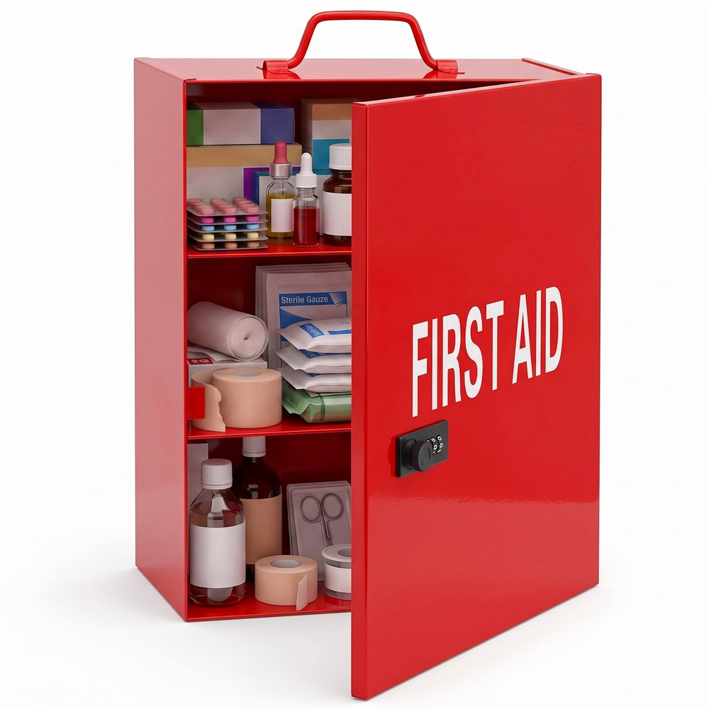 Timgle First Aid Kit with Combination Lock 3 Shelf Wall Mount Medicine Cabinet with Handle Locking Medical Cabinet Lightweight Medium Organizer Wall Steel Storage Box for Business and Worksite(Red)