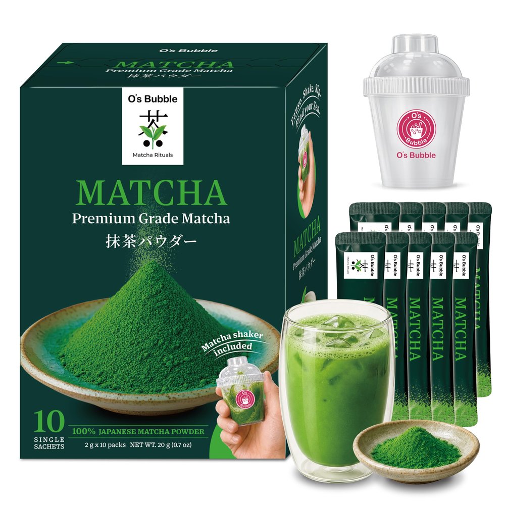 O's Bubble Ceremonial Matcha Powder Starter Kit w/Mini Shaker, 10 Packets