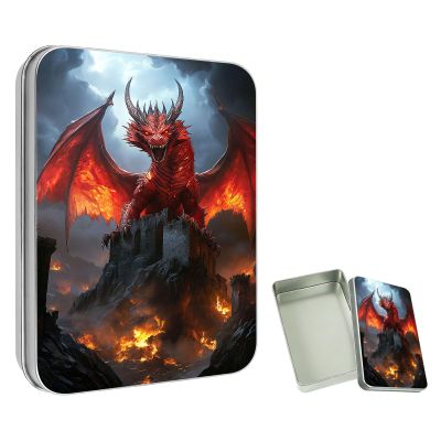 ETLKJVBL Mini Pocket Metal Tin with Lid, Red Dragon Attacking Burning Castle 3.5"x2.4"x0.7" Small Portable Pill Box & Mint Case - Cute EDC Travel Organizer for Earbuds, Jewelry & Coins