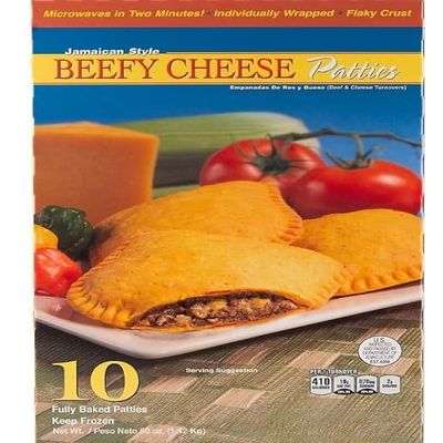 Jamaican Style Beefy Cheese Patties are made with ground beef and real cheddar cheese. Each patty is wrapped with a flaky crust for easy hand-held snacking. [ 50 oz, 3.12 lb ]