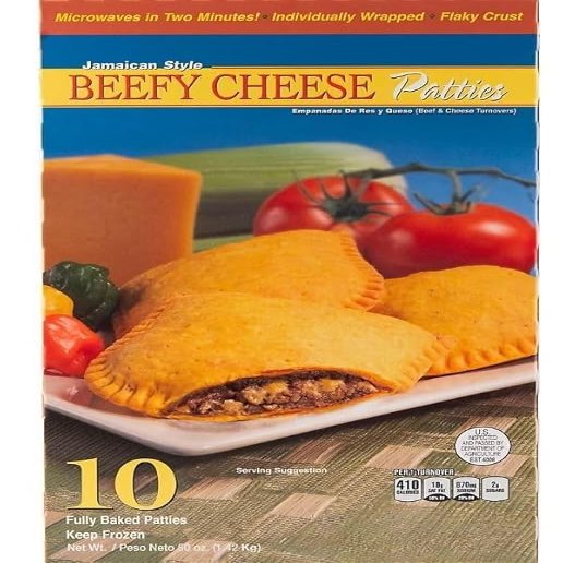 Jamaican Style Beefy Cheese Patties are made with ground beef and real cheddar cheese. Each patty is wrapped with a flaky crust for easy hand-held snacking. [ 50 oz, 3.12 lb ]