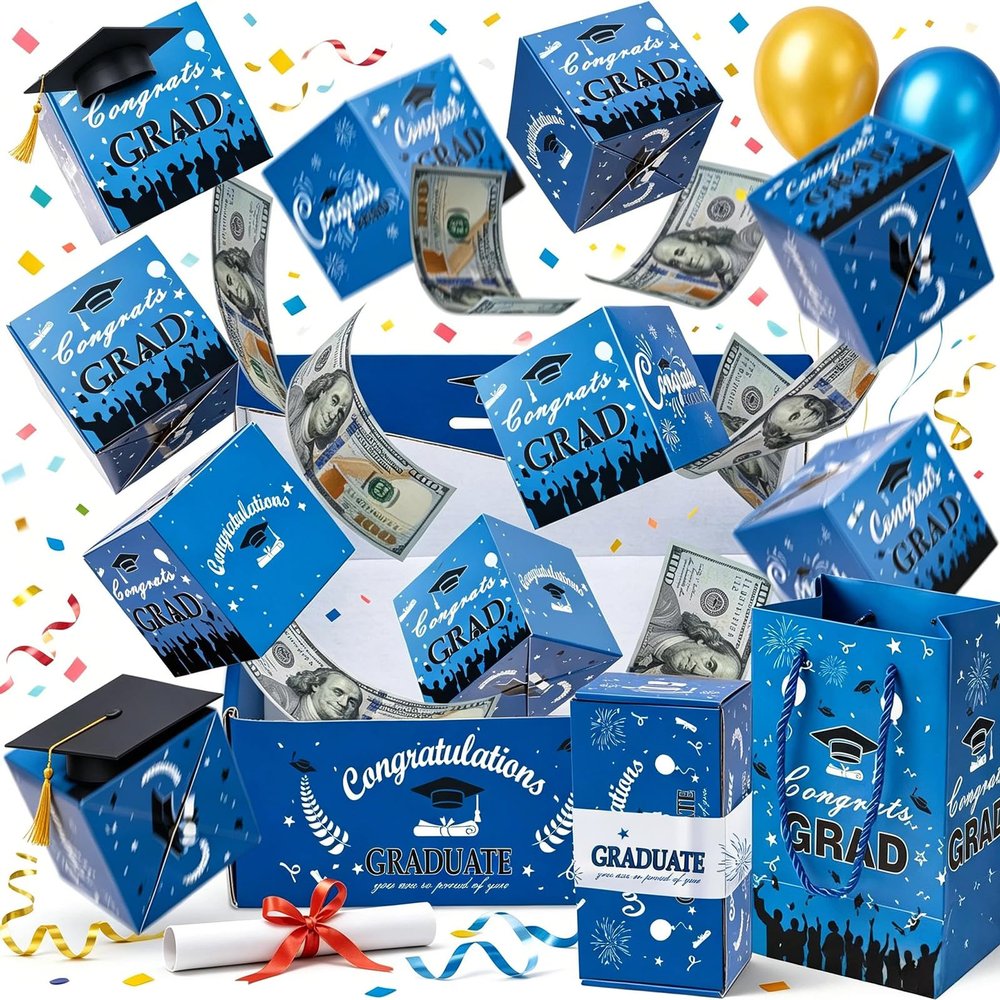 DXESWV 2026 Graduation Pop up Money Box, Exploding Graduation Surprise Pop up Gift Box, DIY Bouncy Confetti Card, Creative Memorable Present for Grad, Empty Fillable Candy Bouquet (Blue, 20Layer)