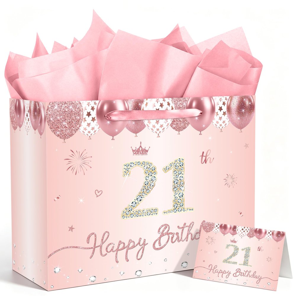 JCTHKUKU Rose Gold 21st Birthday Gift Bag for Women, Large Birthday Gift Bag with Tissue Paper and Greeting Card, 21st Birthday Party Supplies for Daughter, Sister, Niece or Friend