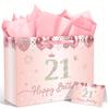JCTHKUKU Rose Gold 21st Birthday Gift Bag for Women, Large Birthday Gift Bag with Tissue Paper and Greeting Card, 21st Birthday Party Supplies for Daughter, Sister, Niece or Friend view 1
