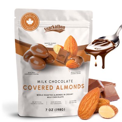 Snackathon Milk Chocolate Covered Almonds, 7 oz Resealable Bag, Whole Roasted Almonds Coated in Creamy Milk Chocolate, Crunchy & Smooth Almond Candy, Made in Canada